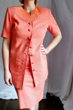 1960s Coral Beaded Custom Two-Piece Skirt Suit